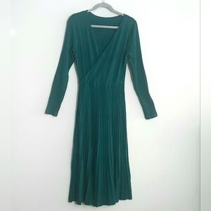 Emerald Green Long Sleeve Faux-Wrap Pleated Midi Dress Size XL Feminine Classic